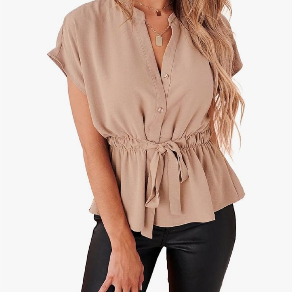 Women's Tan Button-Up Peplum Top